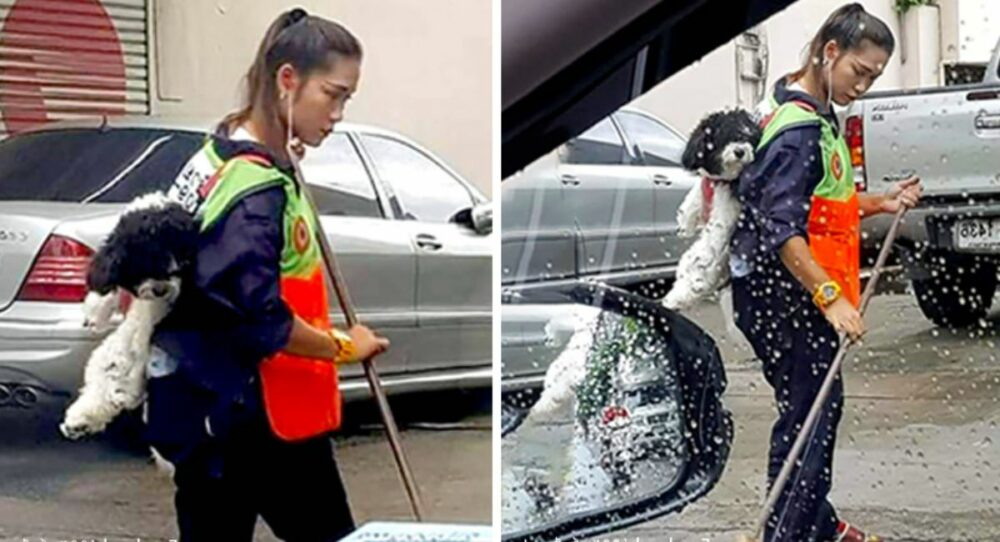 Eine junge Straßenkehrerin geht mit ihrem Welpen zur Arbeit, um ihn nicht allein zu Hause zu lassen