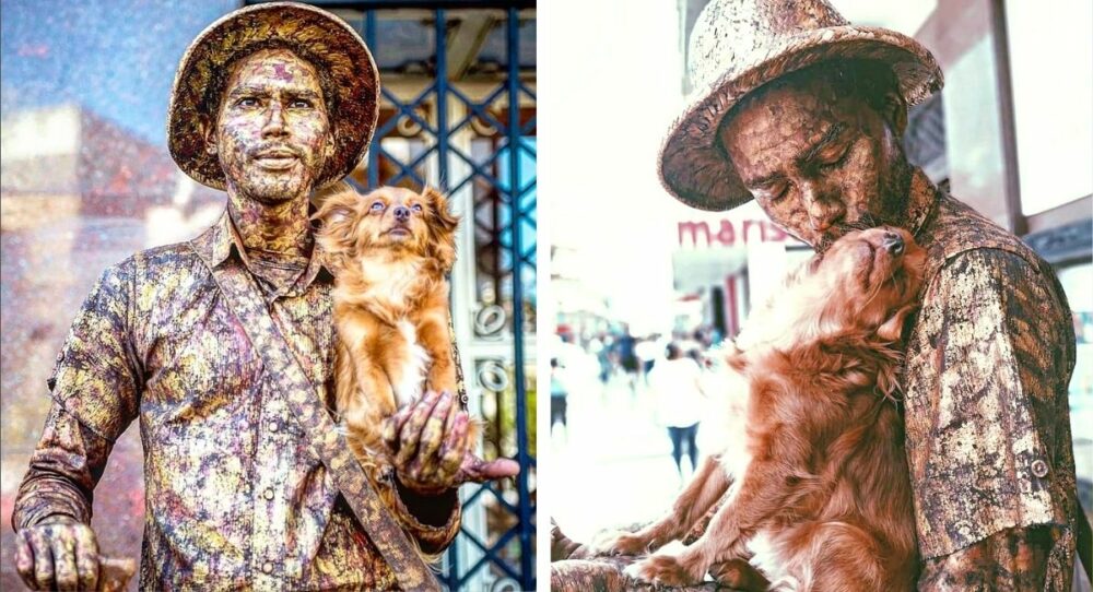 Junger Mann und sein Hund bereiten menschliche Statuen vor, um gemeinsam durchs Leben zu kommen –