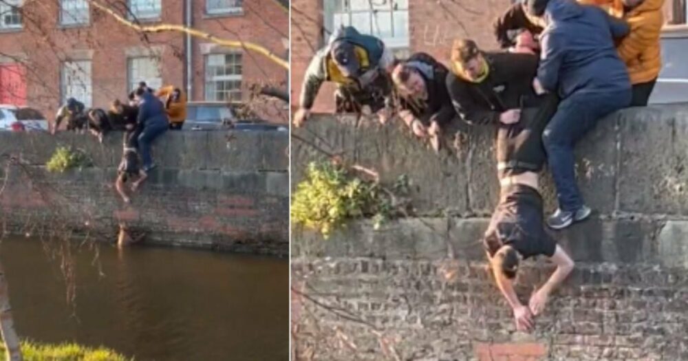 Schüler entdecken einen Hund, der im Kanal ertrinkt. Dann schließen sie sich zusammen und bilden eine Menschenkette, um ihn zu retten