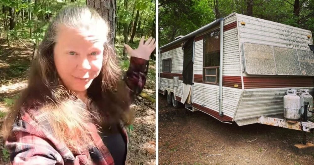 Obdachlose Frau, die ein “auseinanderfallendes” Wohnmobil geschenkt bekommt, baut ein bezauberndes kleines Haus im Wald